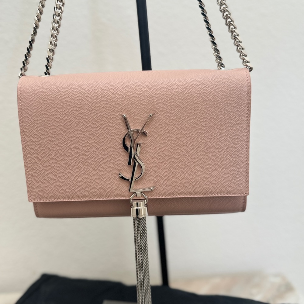 YSL Grain De Poudre Small Monogram Kate Satchel Marble Pink